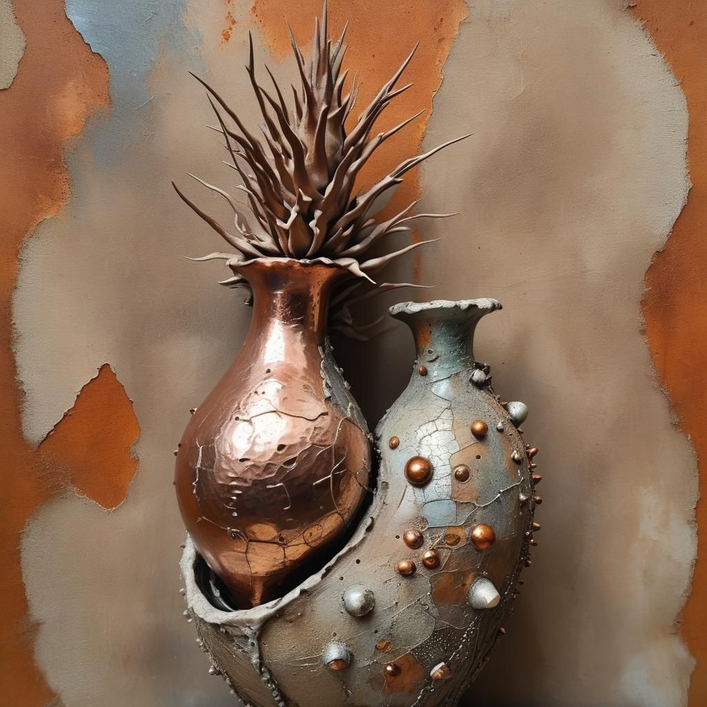 Postmodern Sculpture with Seed Pods and Raku Flask