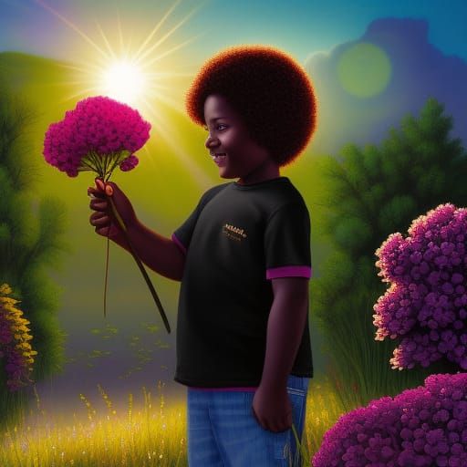 Joyful Boy Picks Flower in Comic Book Art Style