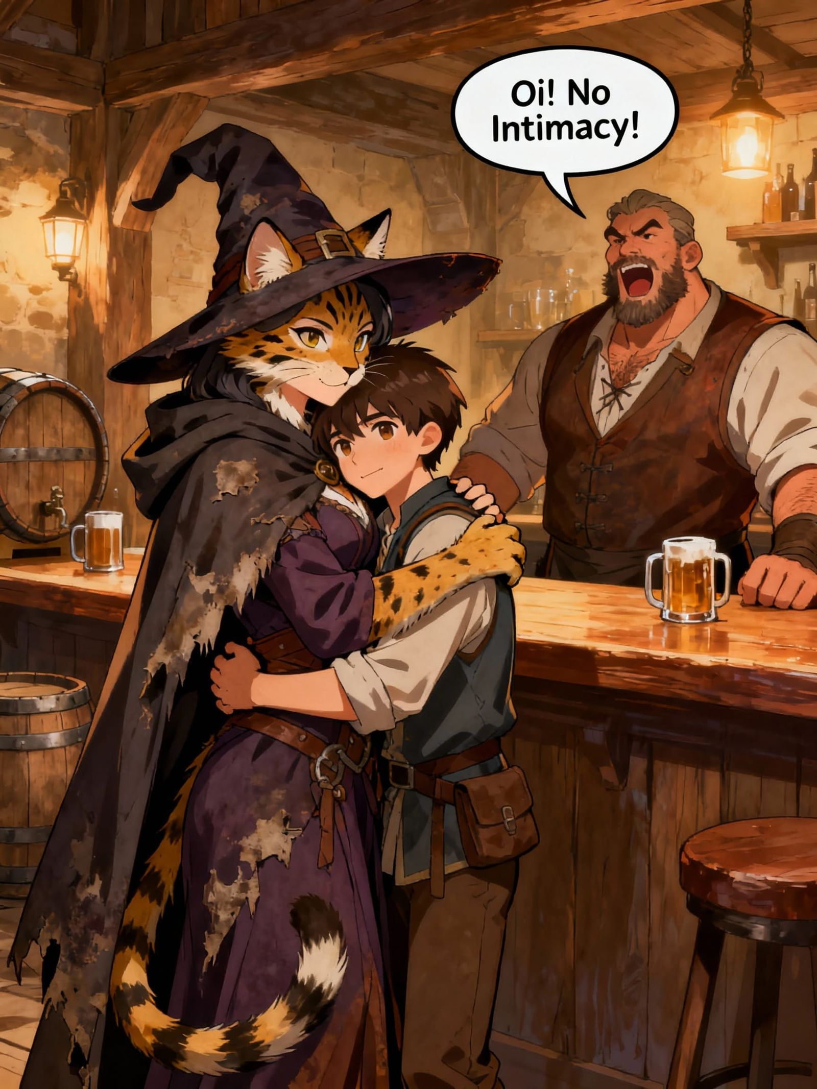 Anime Tavern: Lynx Woman Hugs Man, Bartender Shouts "Oi!"