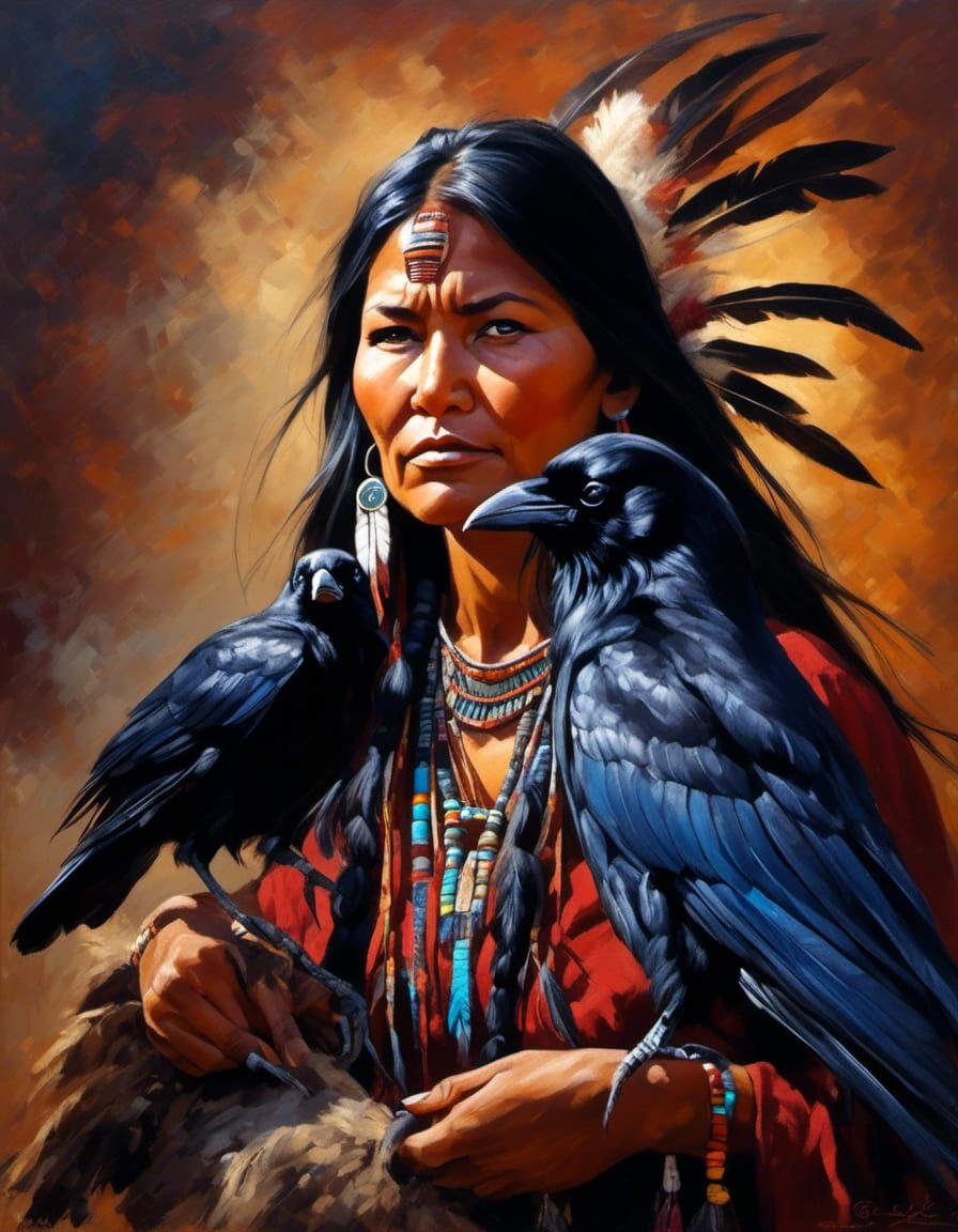 Native American Woman with Raven in Vintage Style