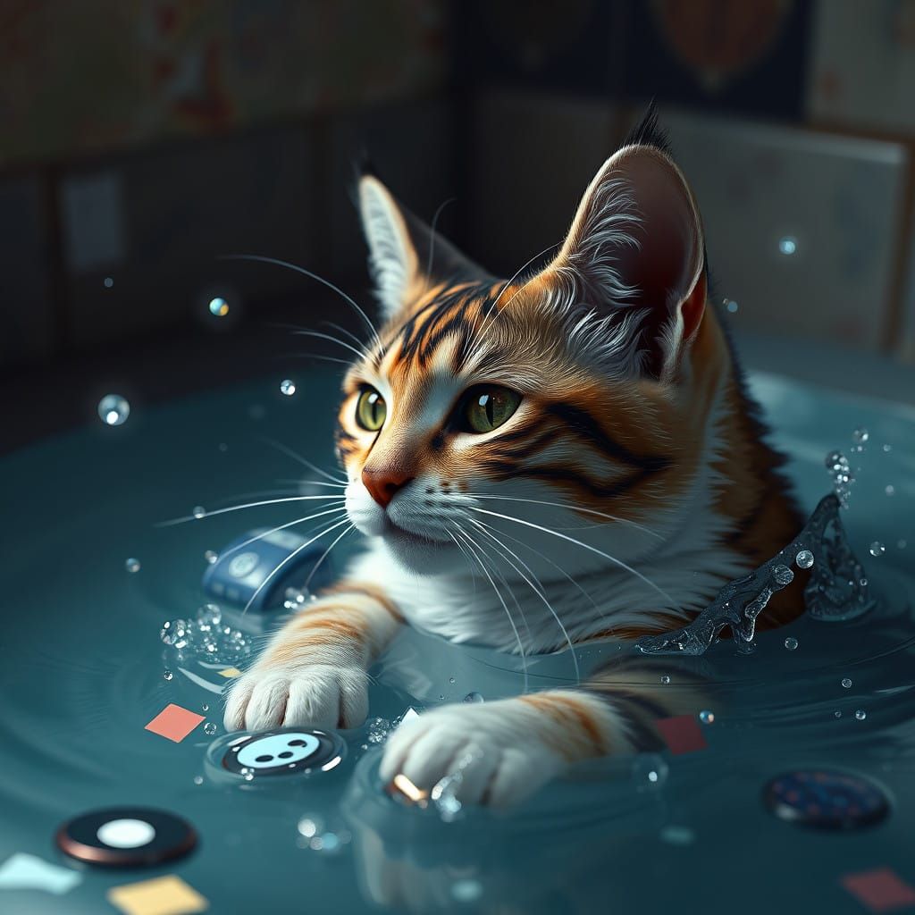 Surreal Feline Soak in Whimsical Water Scene