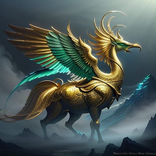 Golden Phoenix with Golden Apples: Fantasy Art