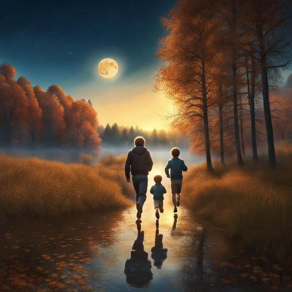 Family Run Towards Autumn Forest at Sunrise
