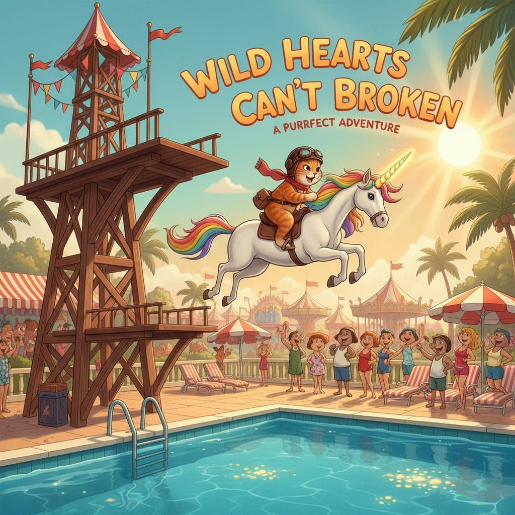 Cat Rides Unicorn Jumping into Pool Movie Poster