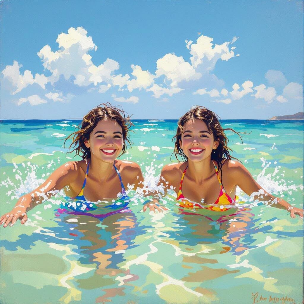 Joyful Swim: Friends in a Sunny Impressionist Seascape