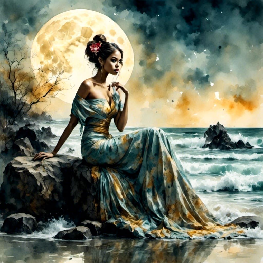 Geisha on Rock at Dusk in Antique Watercolor Style