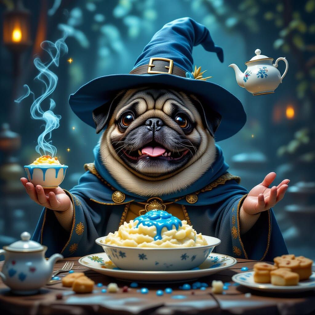 Pug Wizard Enjoys Magical Feast in Fantasy Art Style