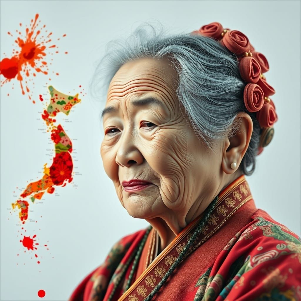 Elderly Japanese Lady with Japan Map in Surrealist Style
