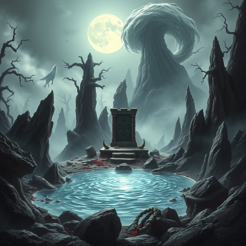 Mystical Bloodmoon Crags Landscape in Eerie Moonlit Fog