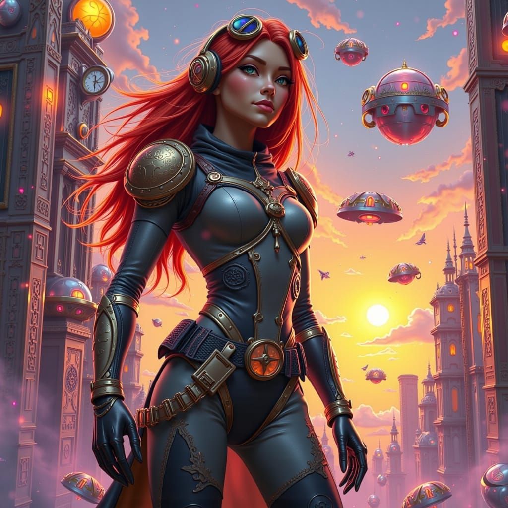 Steampunk Time Traveler in Neon-Lit Cityscape