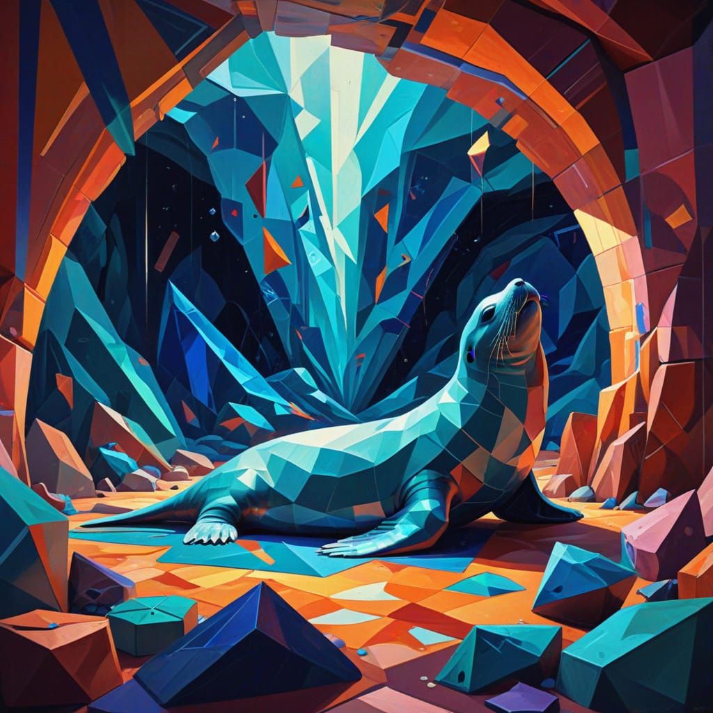 Monk Seal Sewing Dress in Bioluminescent Cave: Cubist Style