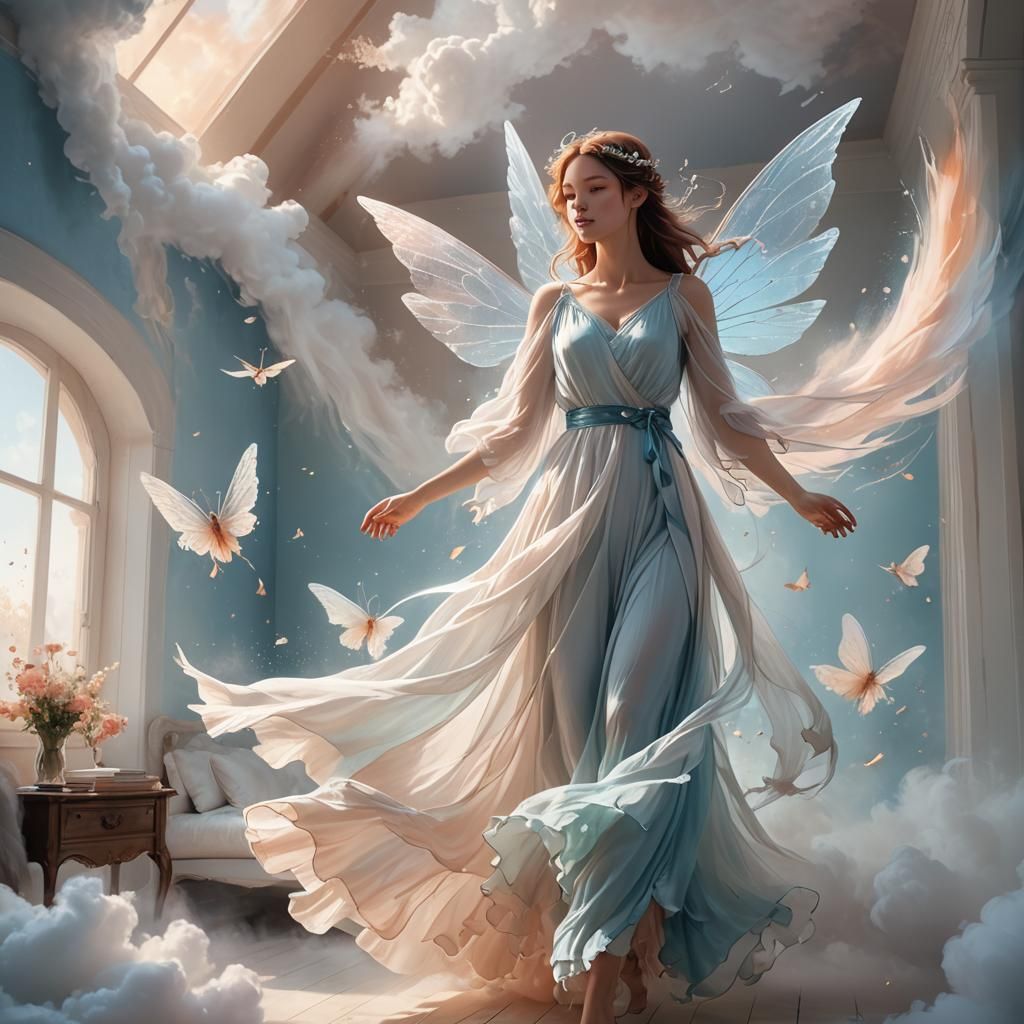 Ethereal Fairy in Cloud Bedroom: Fantasy Concept Art