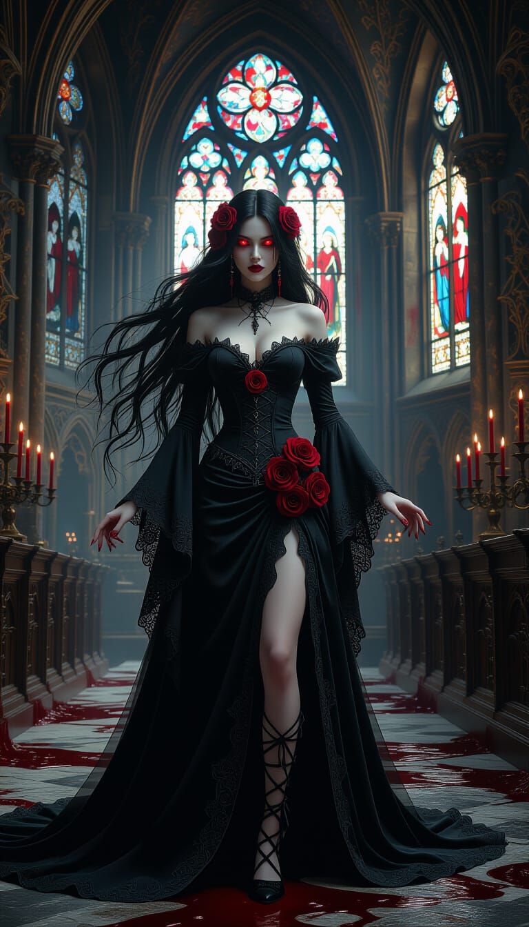 Gothic Vampire Goddess in Decaying Cathedral