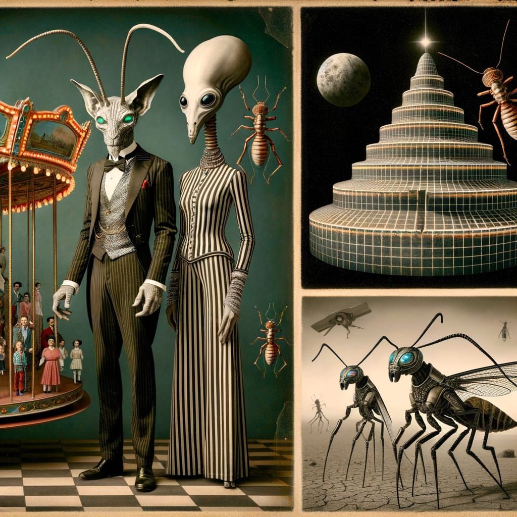 Surreal Vintage Photo of Bizarre Humanoids and Ant Carousel