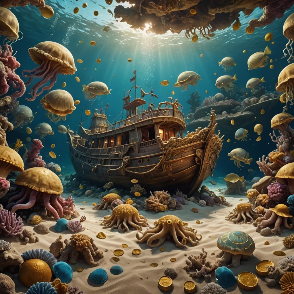 Sunken Galley with Aquatic Life, Detailed Concept Art