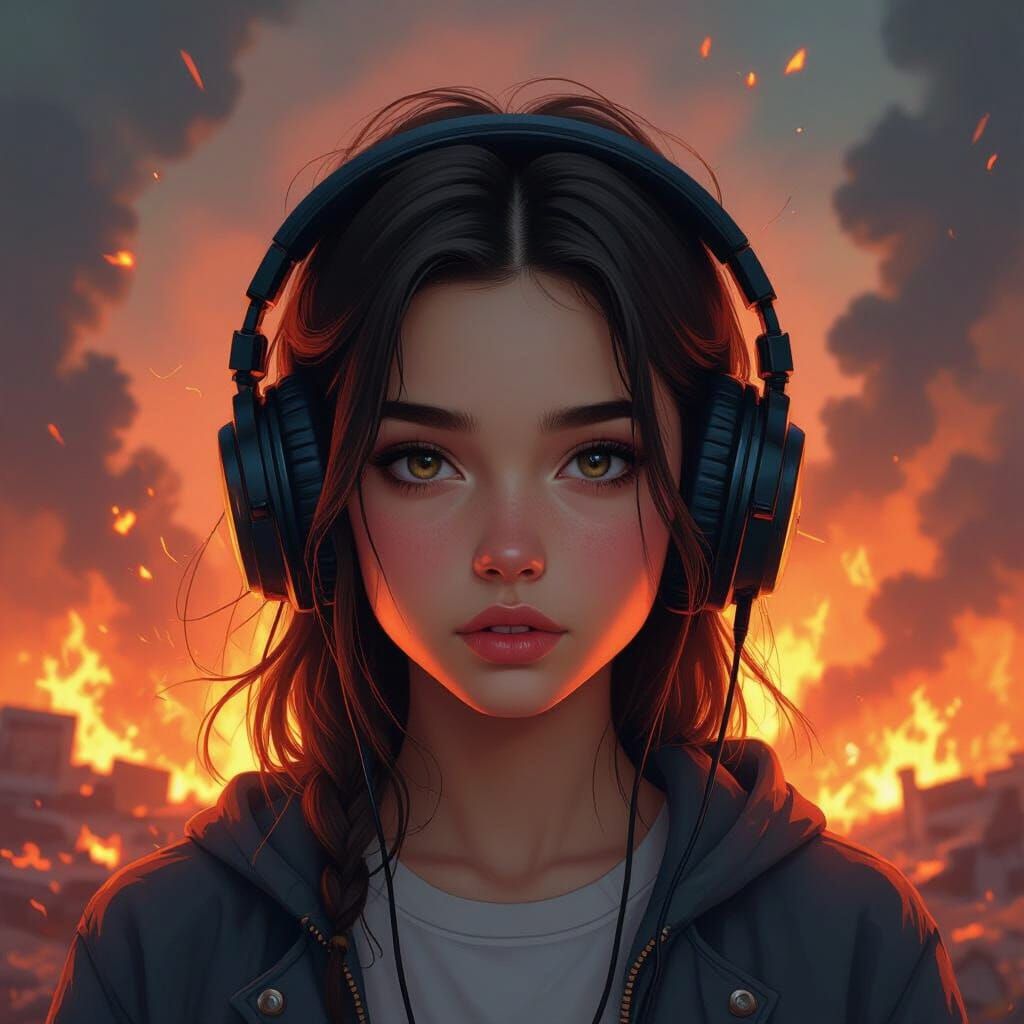 Teenage Girl with Headphones Amidst Fiery Destruction