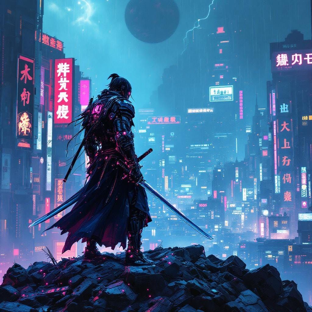 Cybernetic Samurai Warrior in Neon Cyberpunk Cityscape