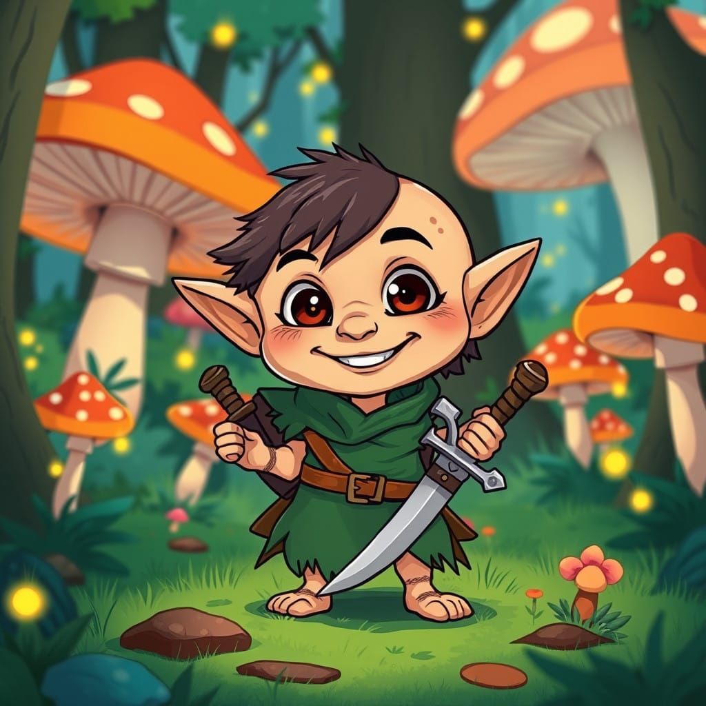 Whimsical Chibi Goblin in Vibrant Forest