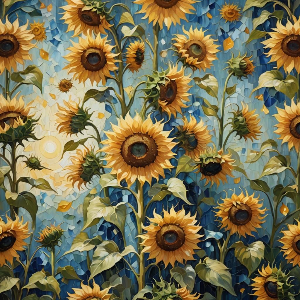 Sunflower Blooms in Mystical Garden Oil Painting