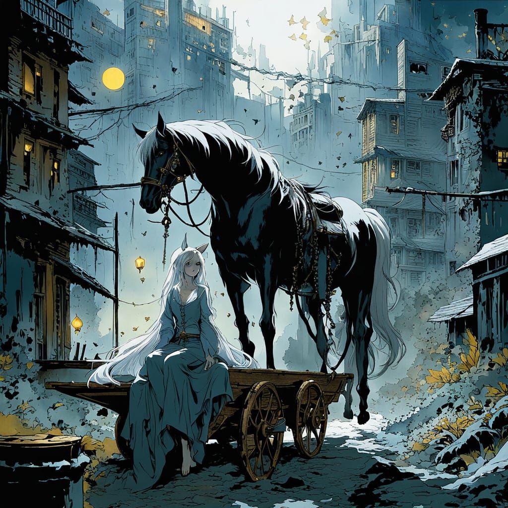 Melancholic Woman on Worn Wagon, Surrounded by Golden Fields...