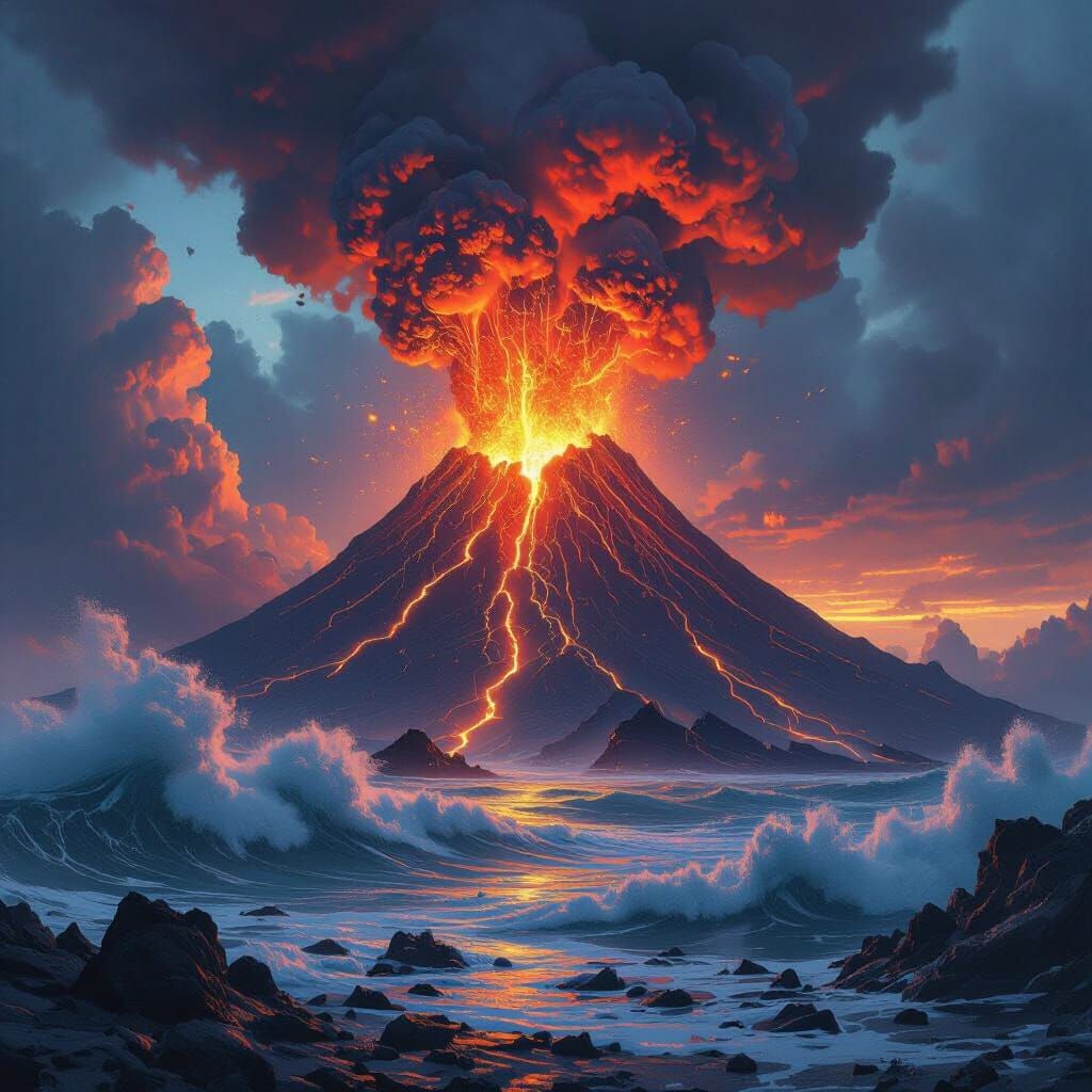 Pacific Volcano Eruption in an Apocalyptic 3D Style