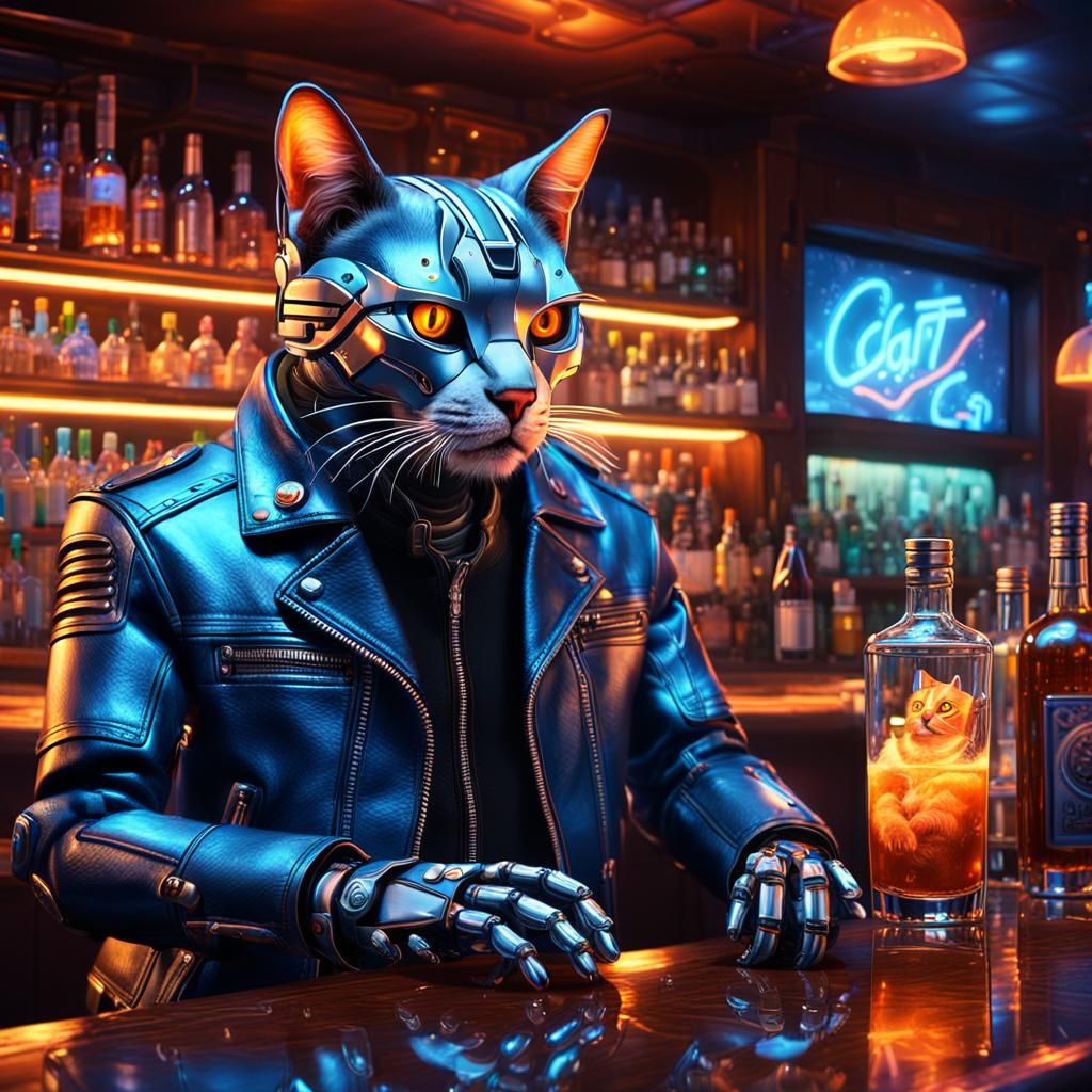 Robot Cat at Neon Bar in Fantasy Concept Art Style