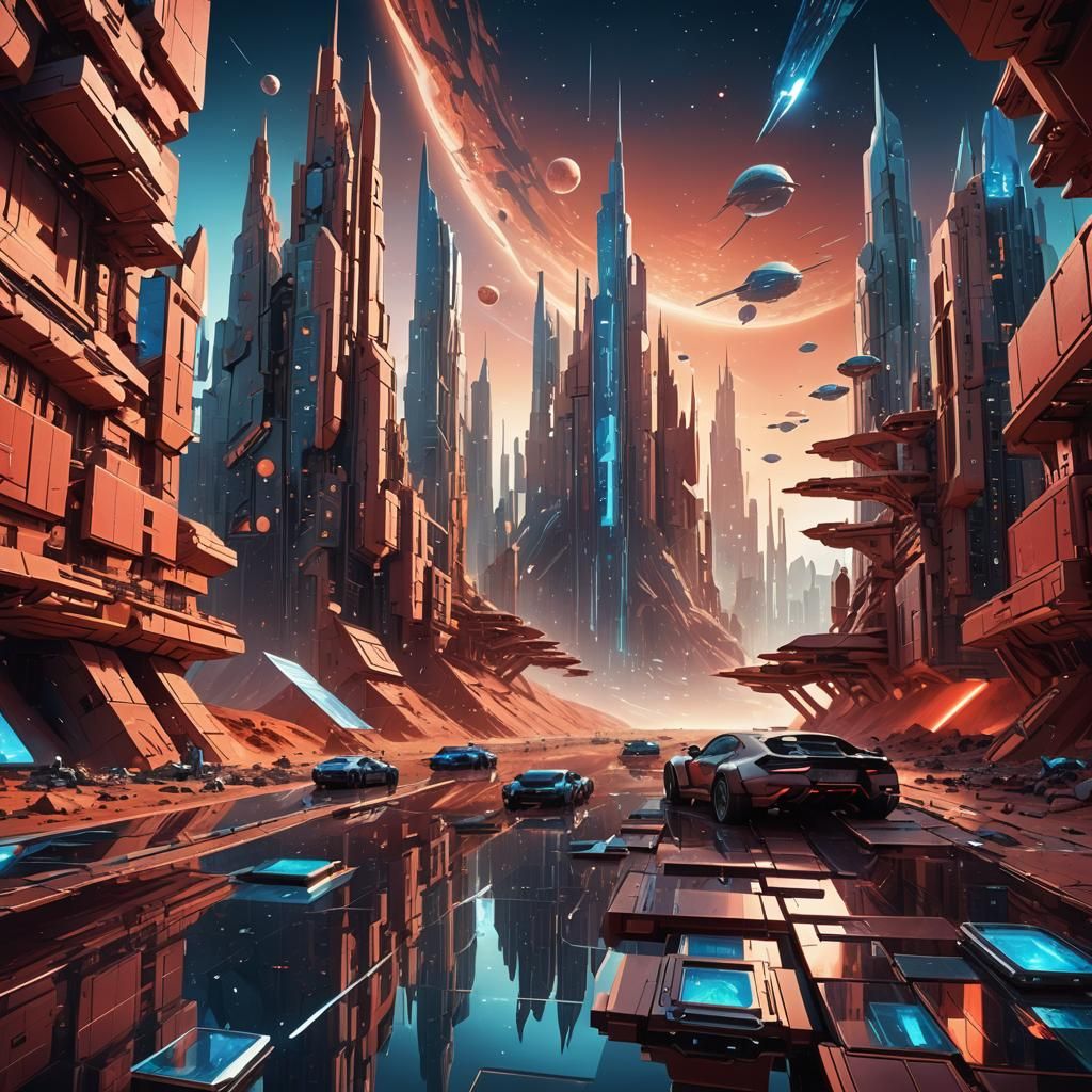 Futuristic Martian Cityscape in Cubist Matte Painting