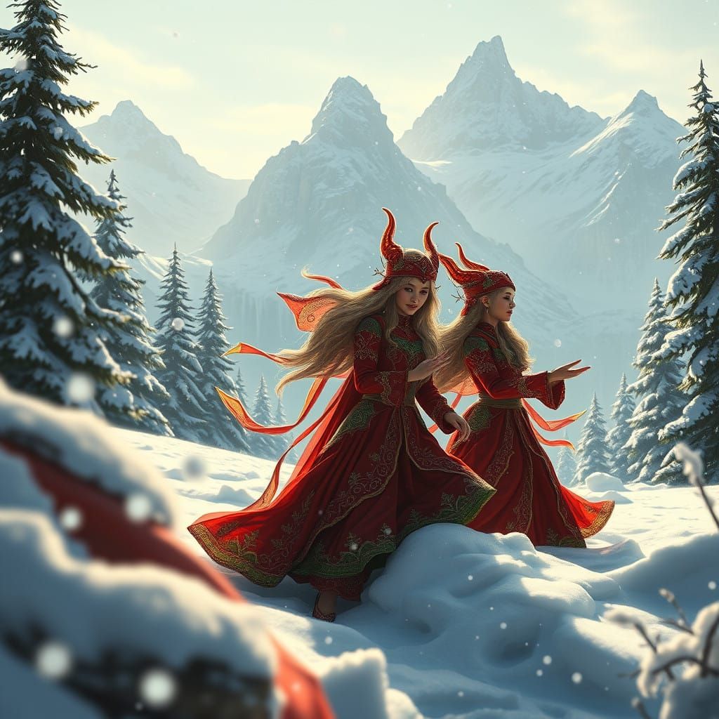 Elegant Elves in Snowy Wonderland with Majestic Mountains