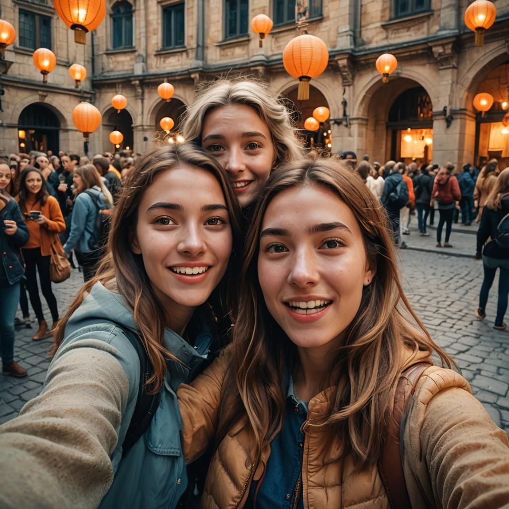 Teenage Girls Selfie in City Square, Matte Painting