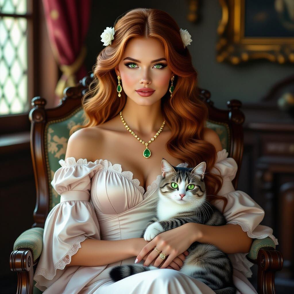 Elegant Woman with Red Hair and Emeralds in Medieval Office