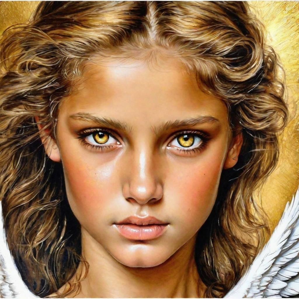 Angel Portrait with Golden Eyes in Watercolor Style