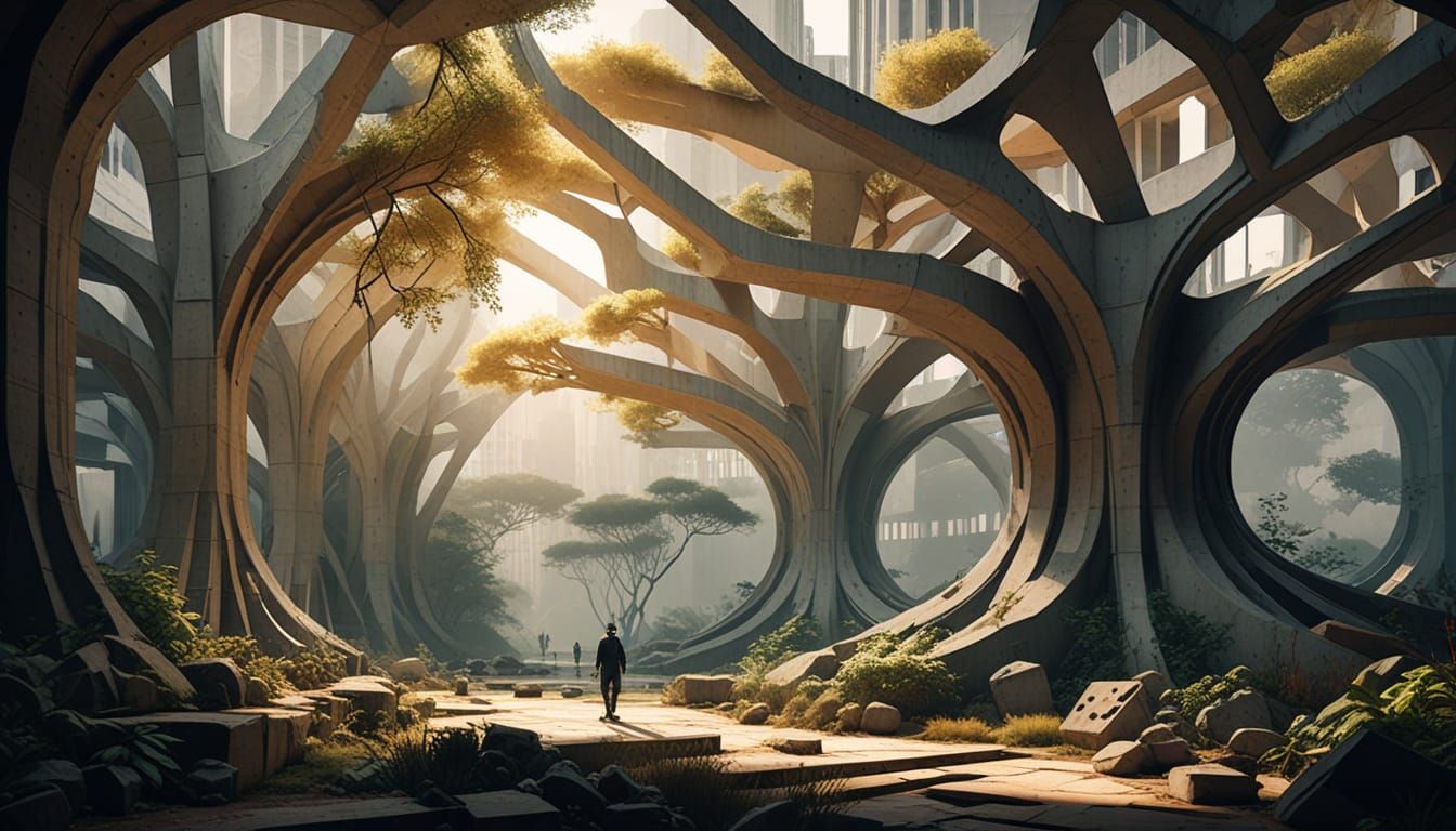 Brutalist Concrete Trees in Urban Landscape