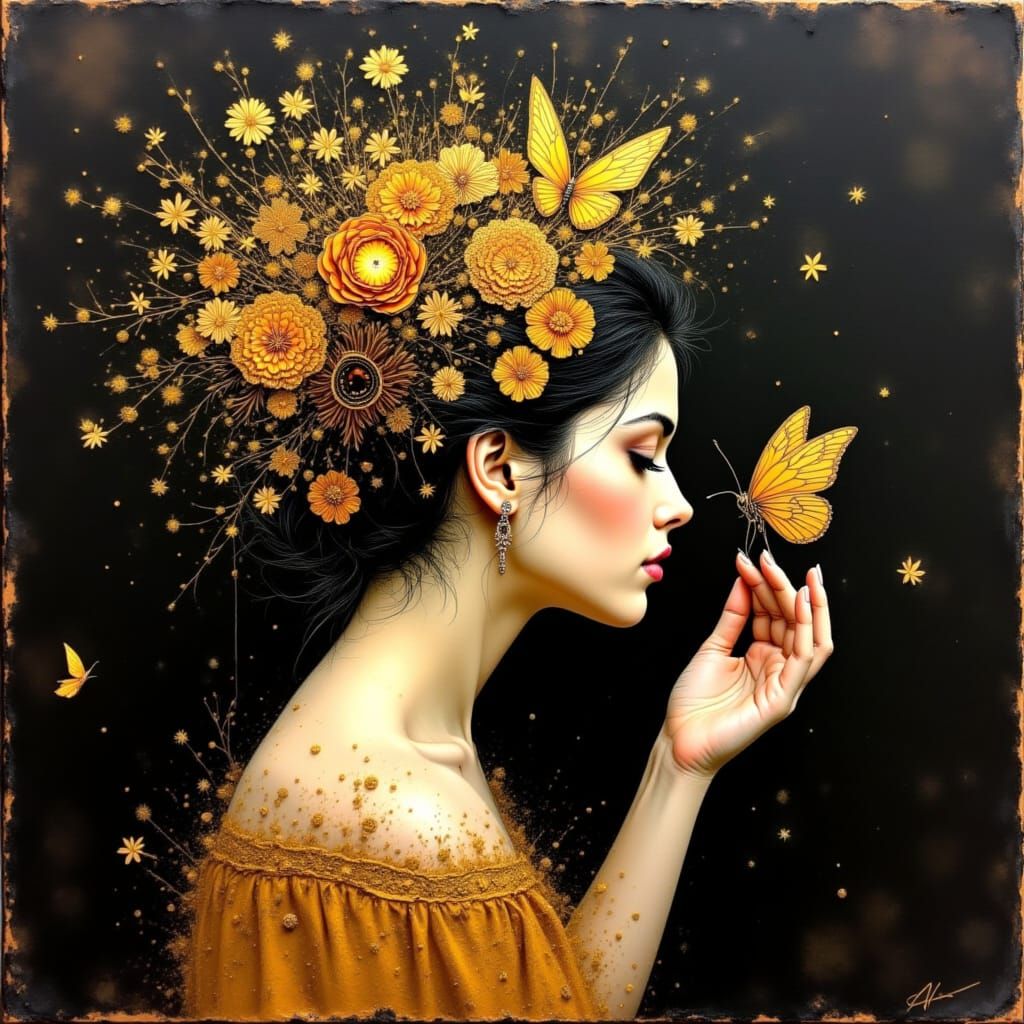 Classic Portrait of Woman with Flowers and Butterfly