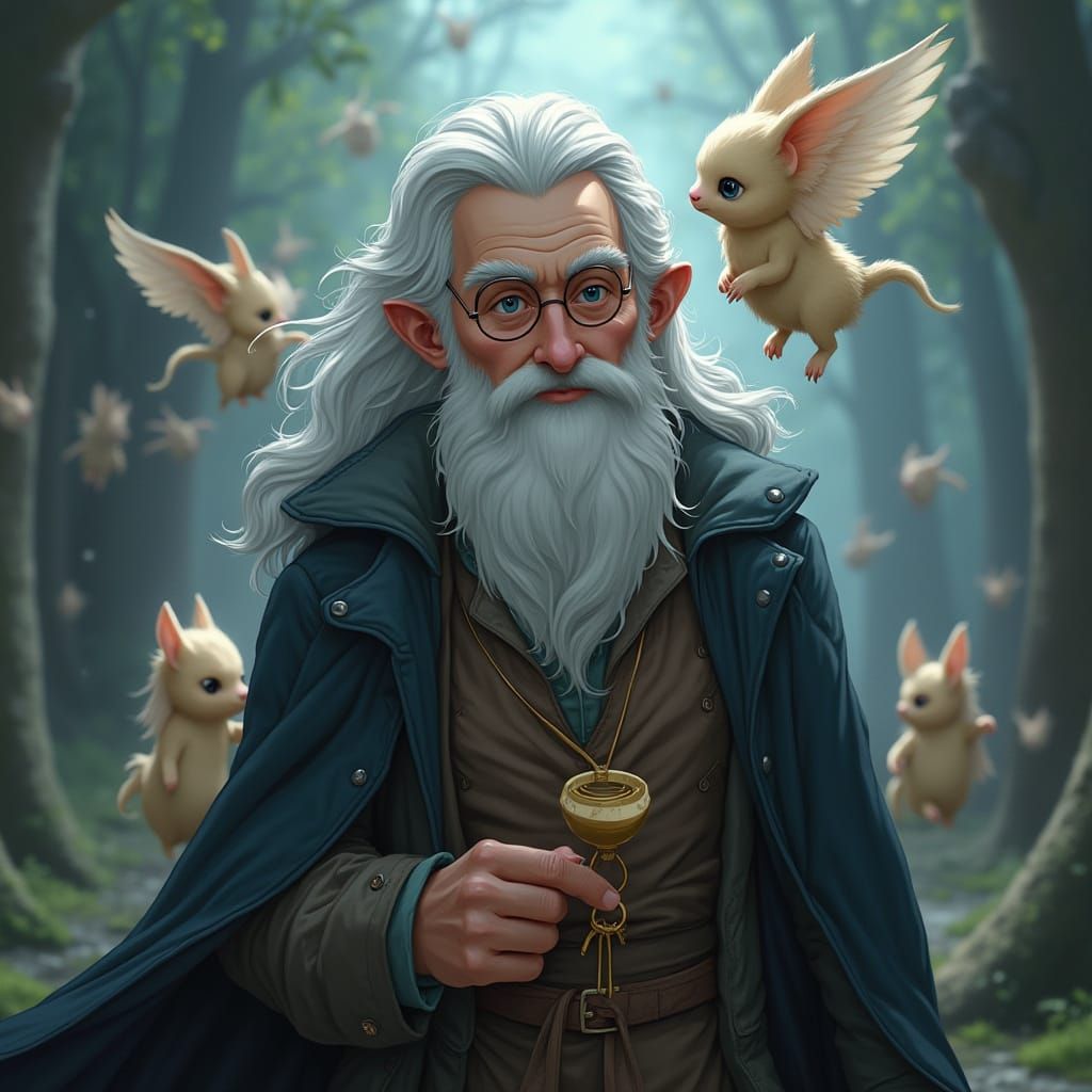 Enchanted Wizard Gazing Forward with Rainbow Doll