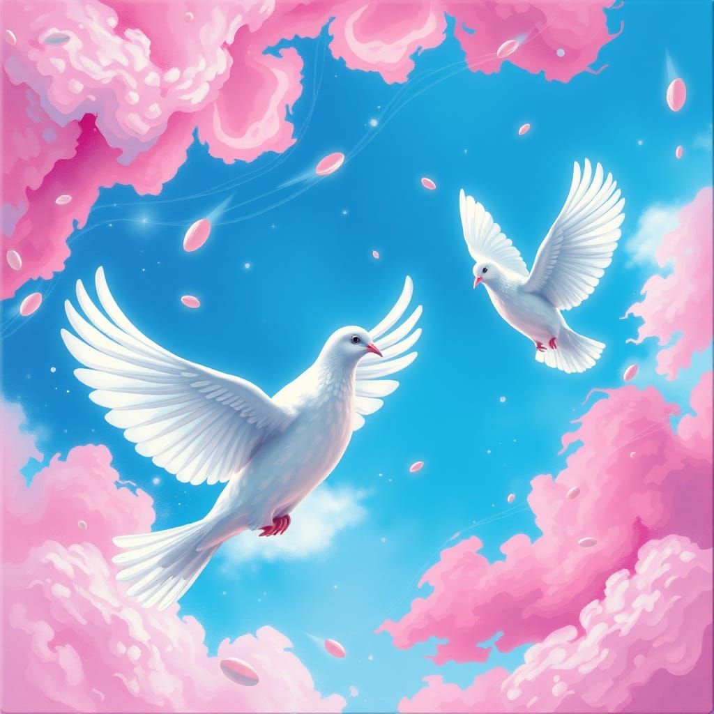 Doves in Flight: Vivid Candy Art Illustration