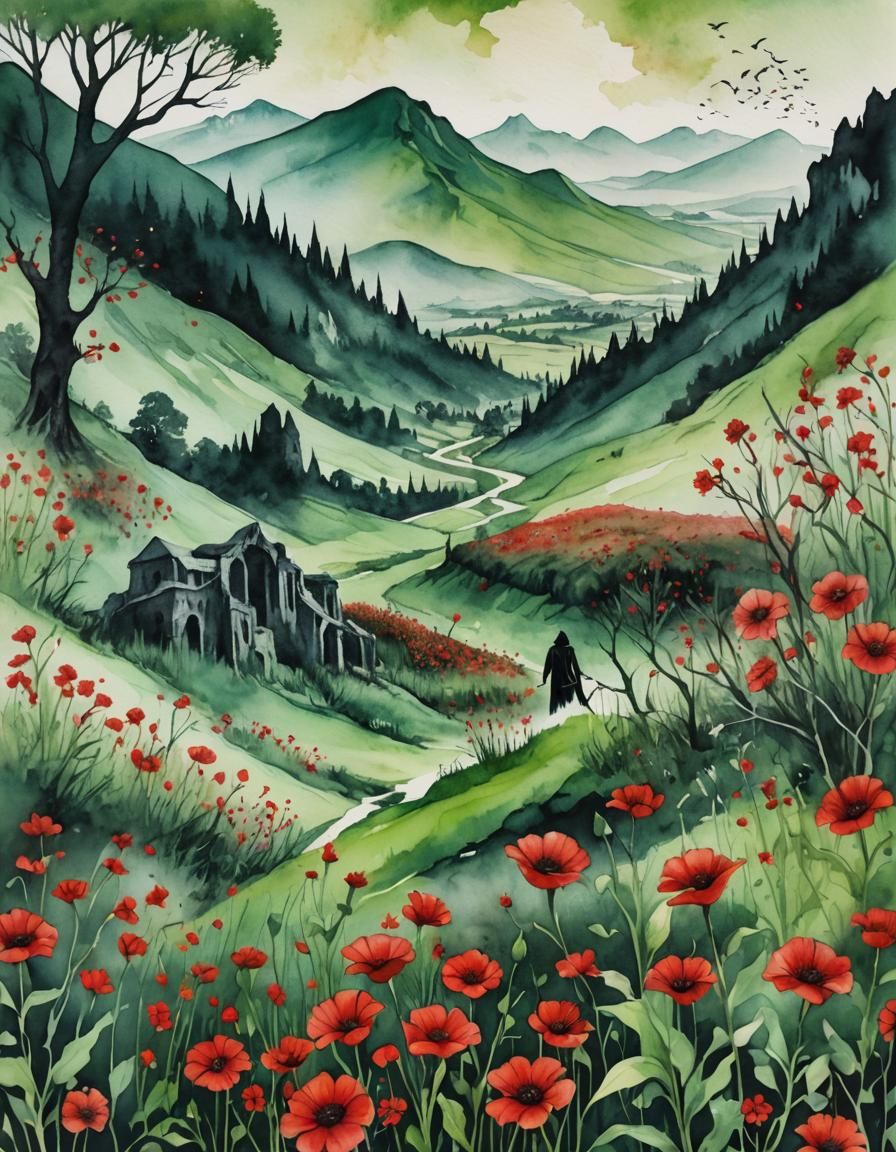 Macabre Double Exposure Watercolor Landscape of Death