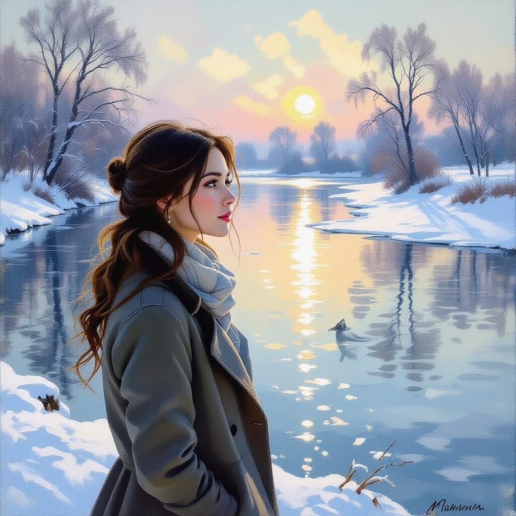 Girl Gazes Warmly at Melting River Landscape