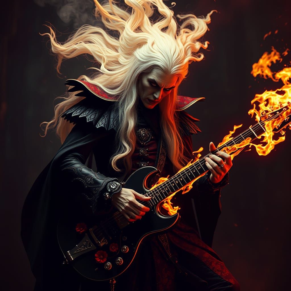 Vampire Rock God in Baroque Attire Playing Flaming Guitar