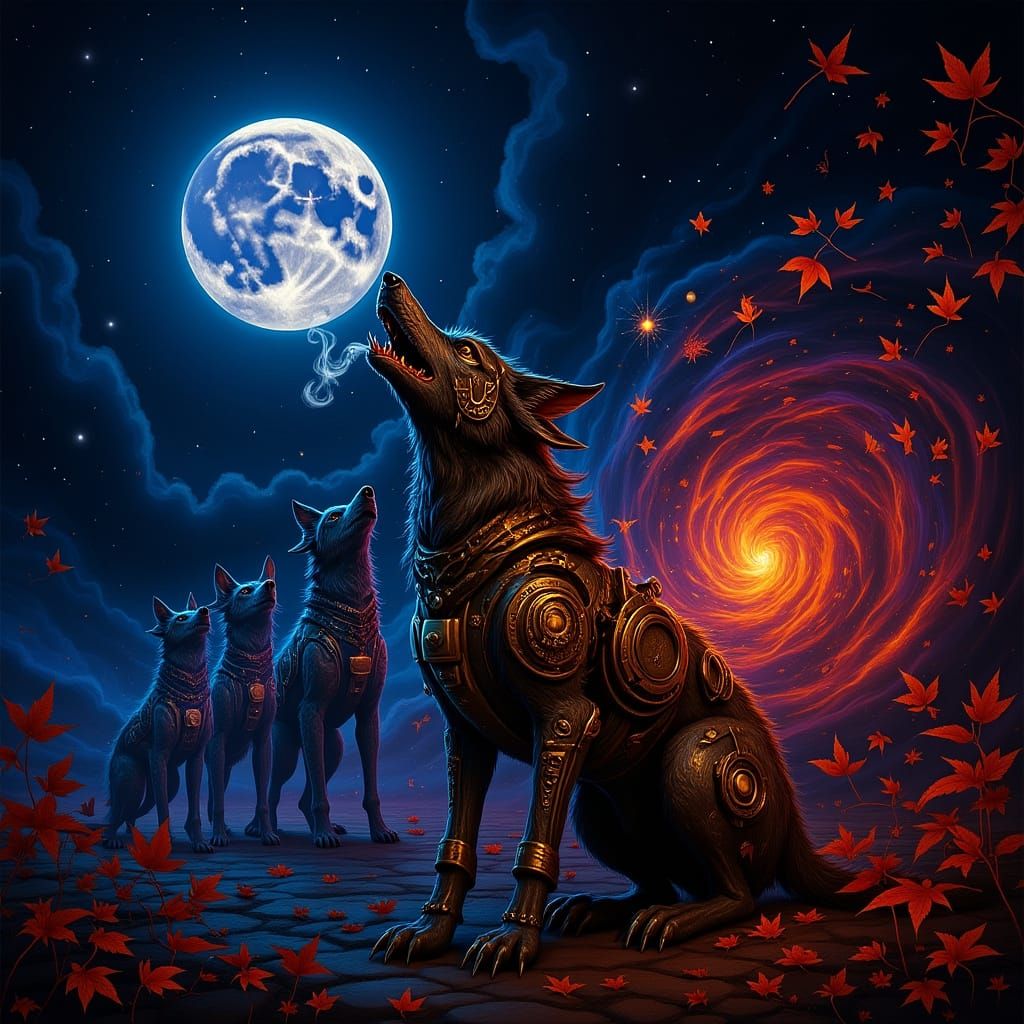 Constellation Wolves Howling at Nebula Moon, Steampunk Wolf