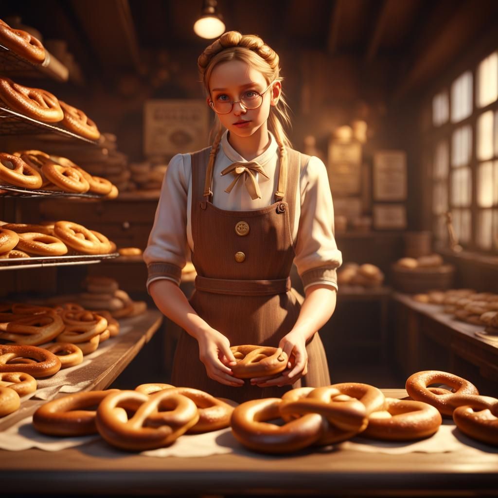 Girl Baking Pretzels in Golden Hour, 3D Render