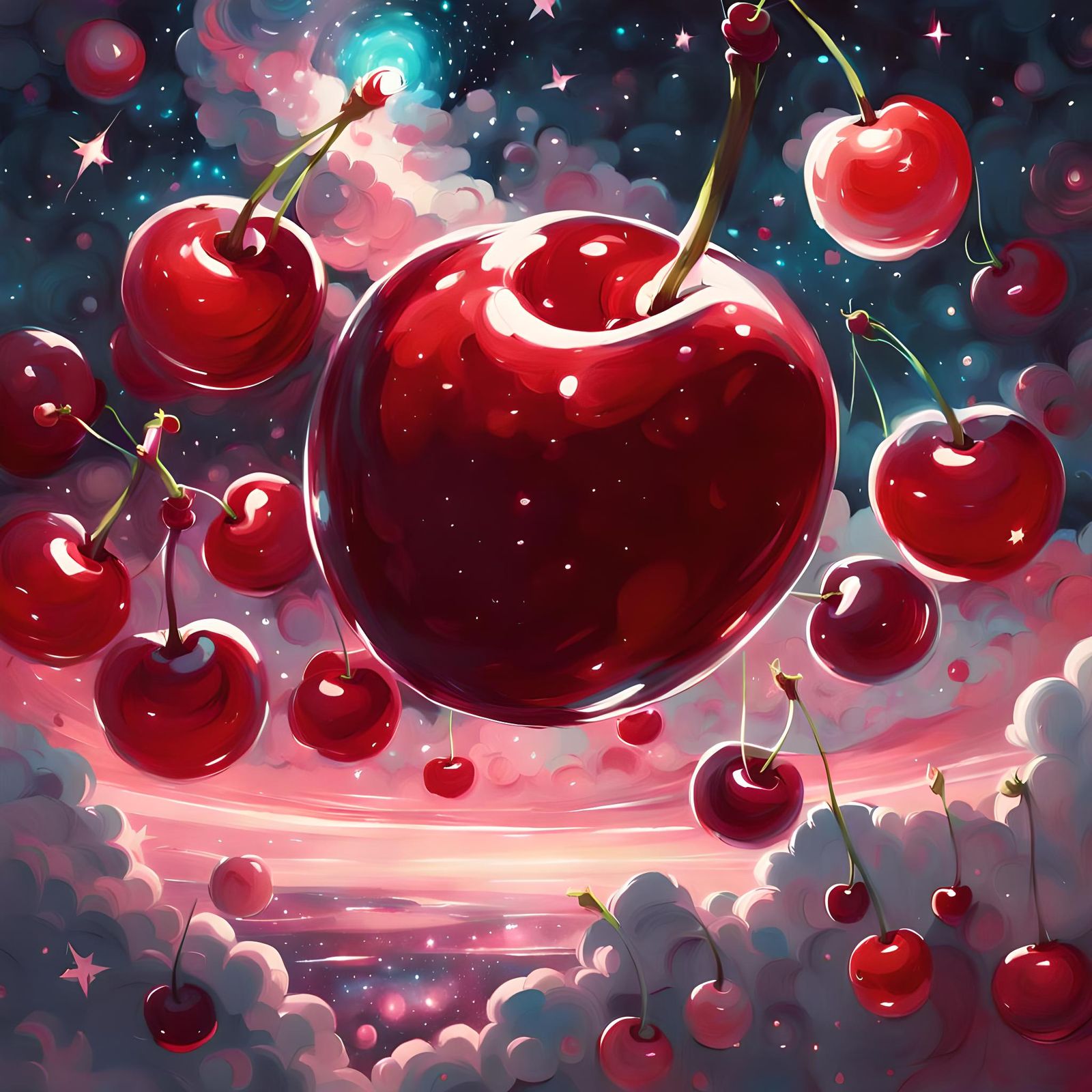 Cherries in Cosmic Dreamscape, Digital Art