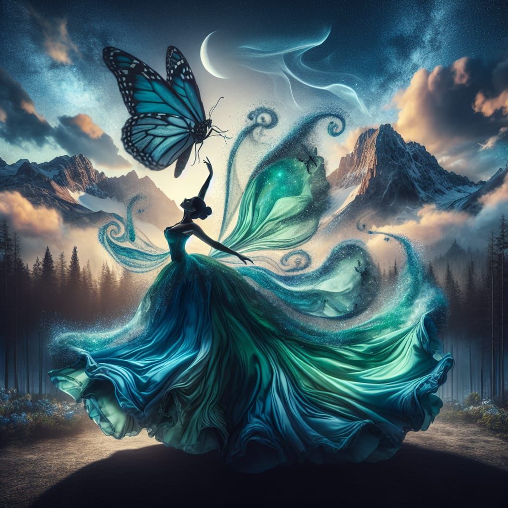 Butterfly Dancer with Ethereal Wolf in Surreal Landscape