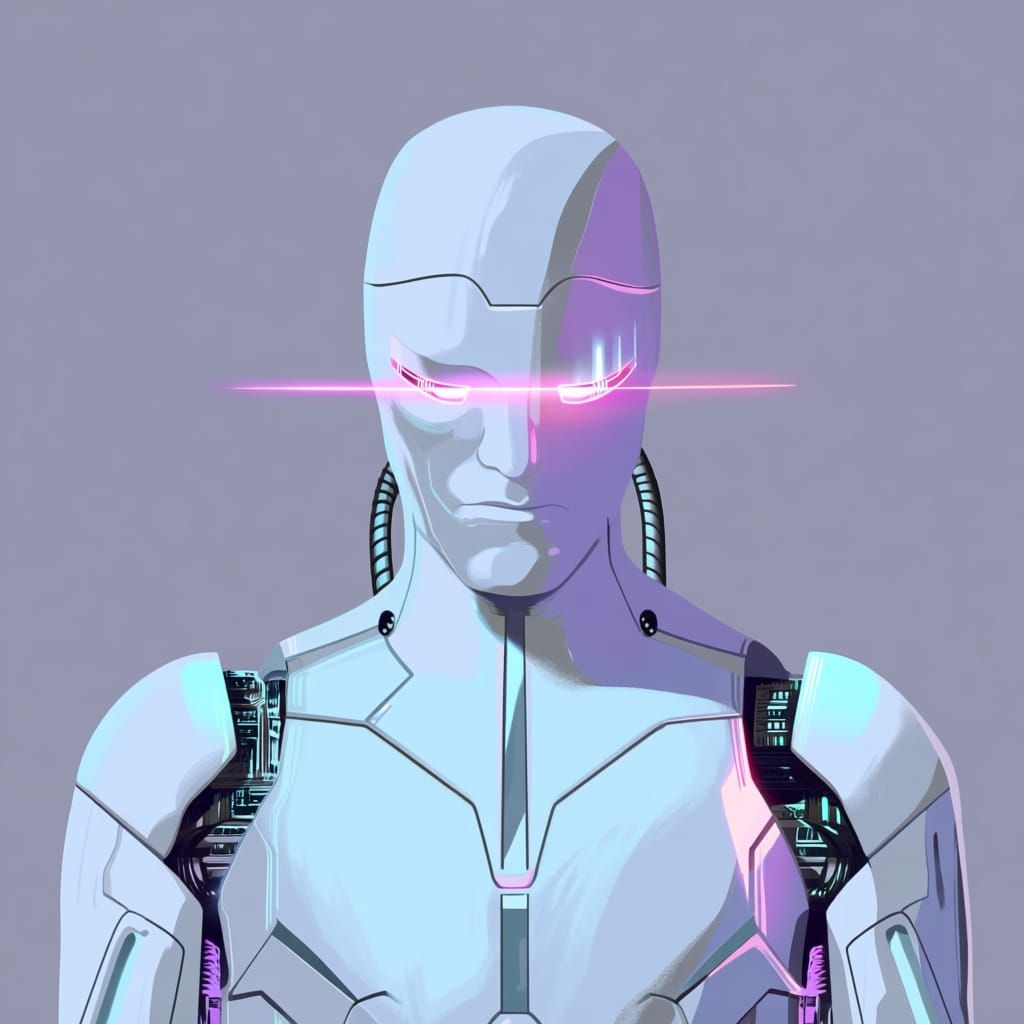 Robot Man with Laser Eyes in Futuristic City
