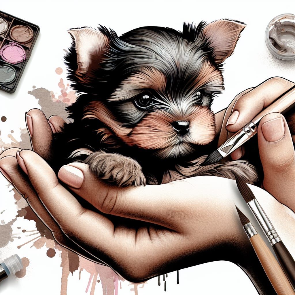 Yorkie Puppy in Gentle Hands: Airbrush Watercolor Art
