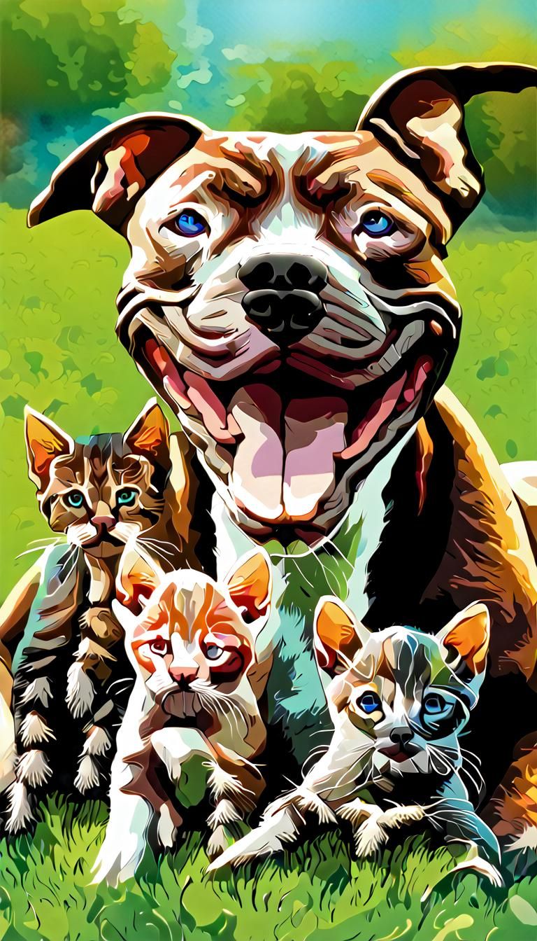 Happy Brindle Pit Bull with Kittens in 3D