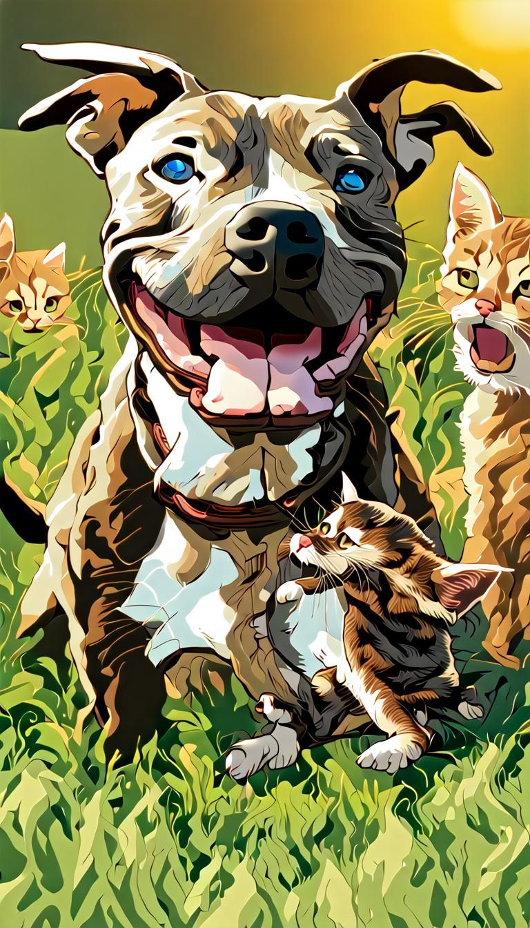 Happy Brindle Pit Bull with Kittens in 3D