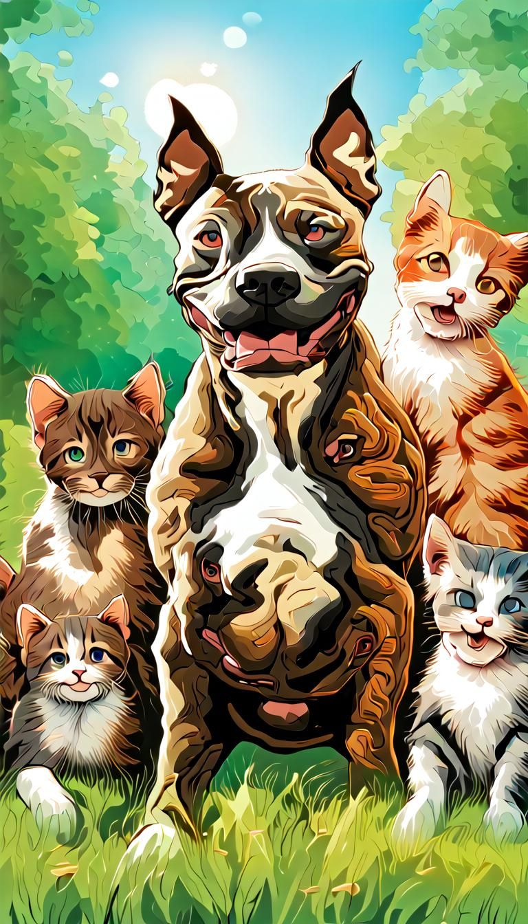 Brindle Pit Bull Plays with Kittens: 3D Digital Art