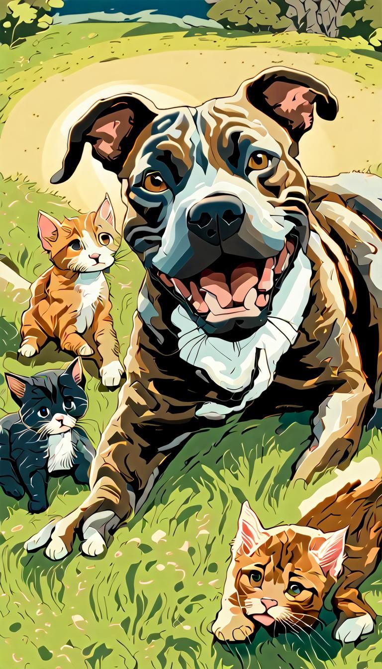 Happy Pit Bull with Kittens in 3D Digital Art