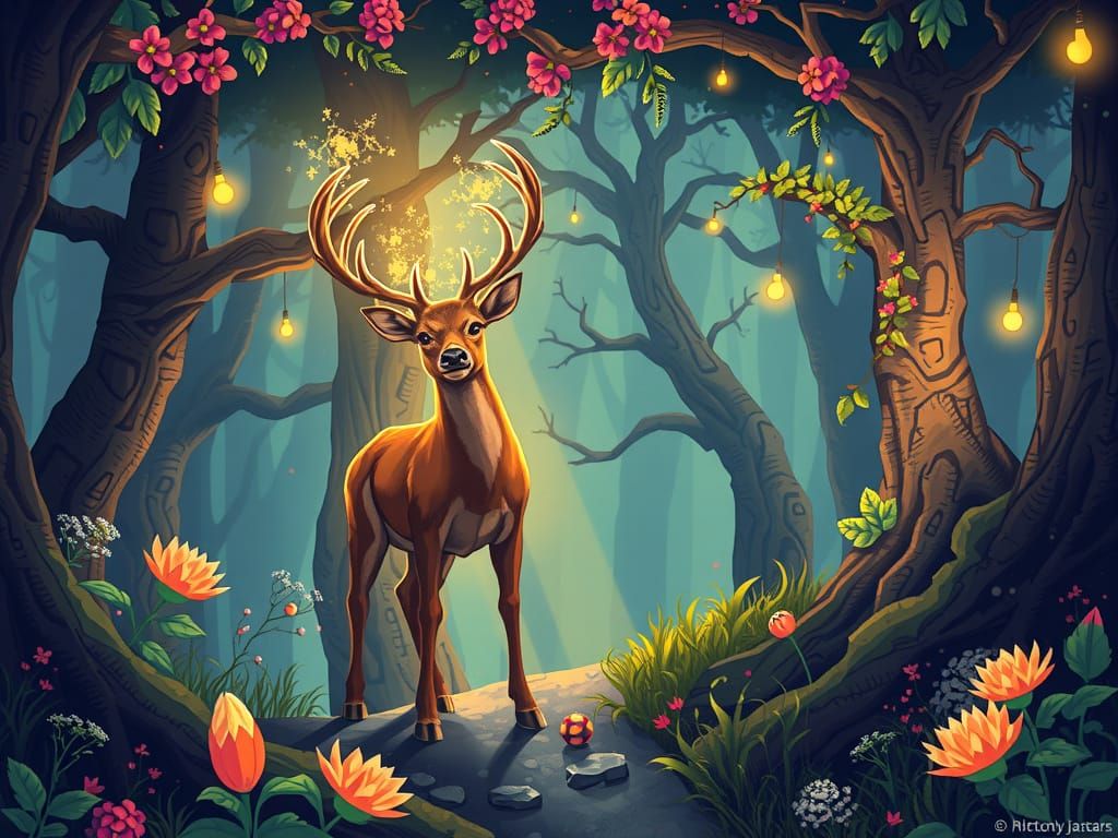 Mystical Deer Guiding Travelers in 8-bit Forest