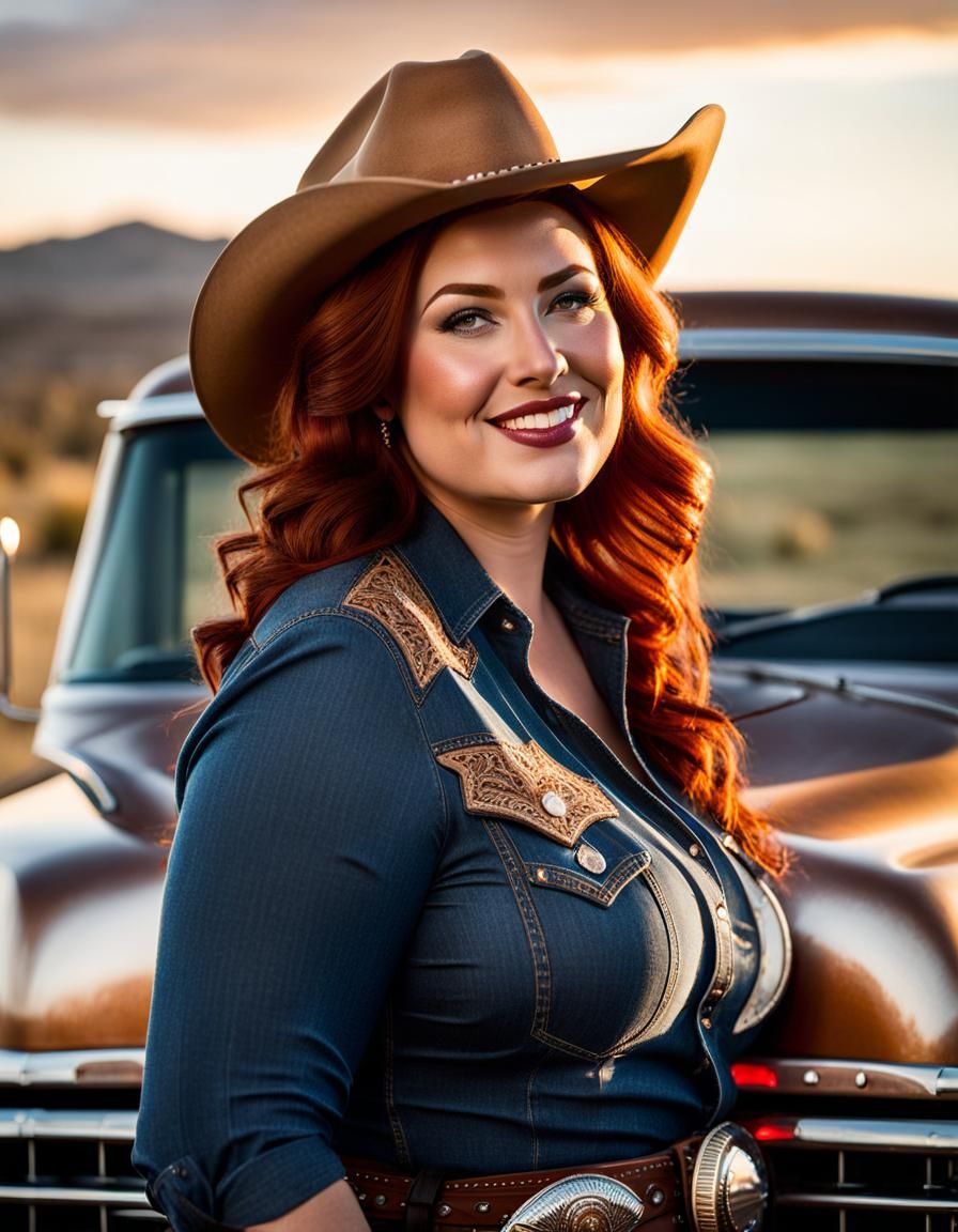Realistic Portrait of a Redhead Cowgirl at Sunset